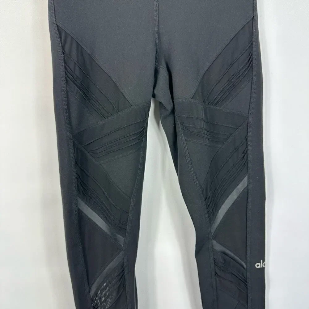 Alo Black Leggings High Rise Sheer Mesh Legs Pin Tuck Size XS Inseam 28